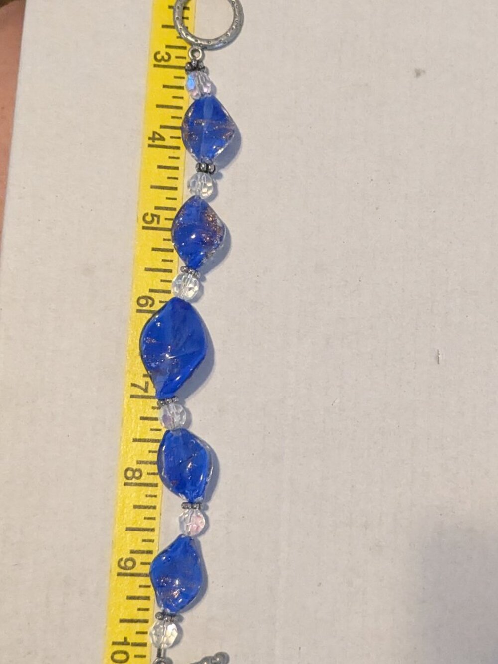 Silver Tone Artisan Blue Speckled Twist Glass AB Beaded Toggle Clasp Bracelet